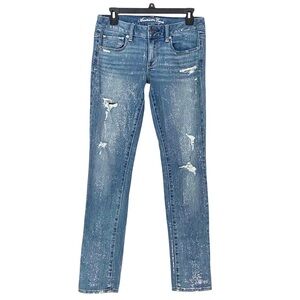 American Eagle Low-Rise Sparkle Skinny Jeans Medium Destroy Wash Stretch Glitter